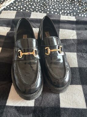 Steve Madden Black Patent Leather Loafers with Gold Hardware